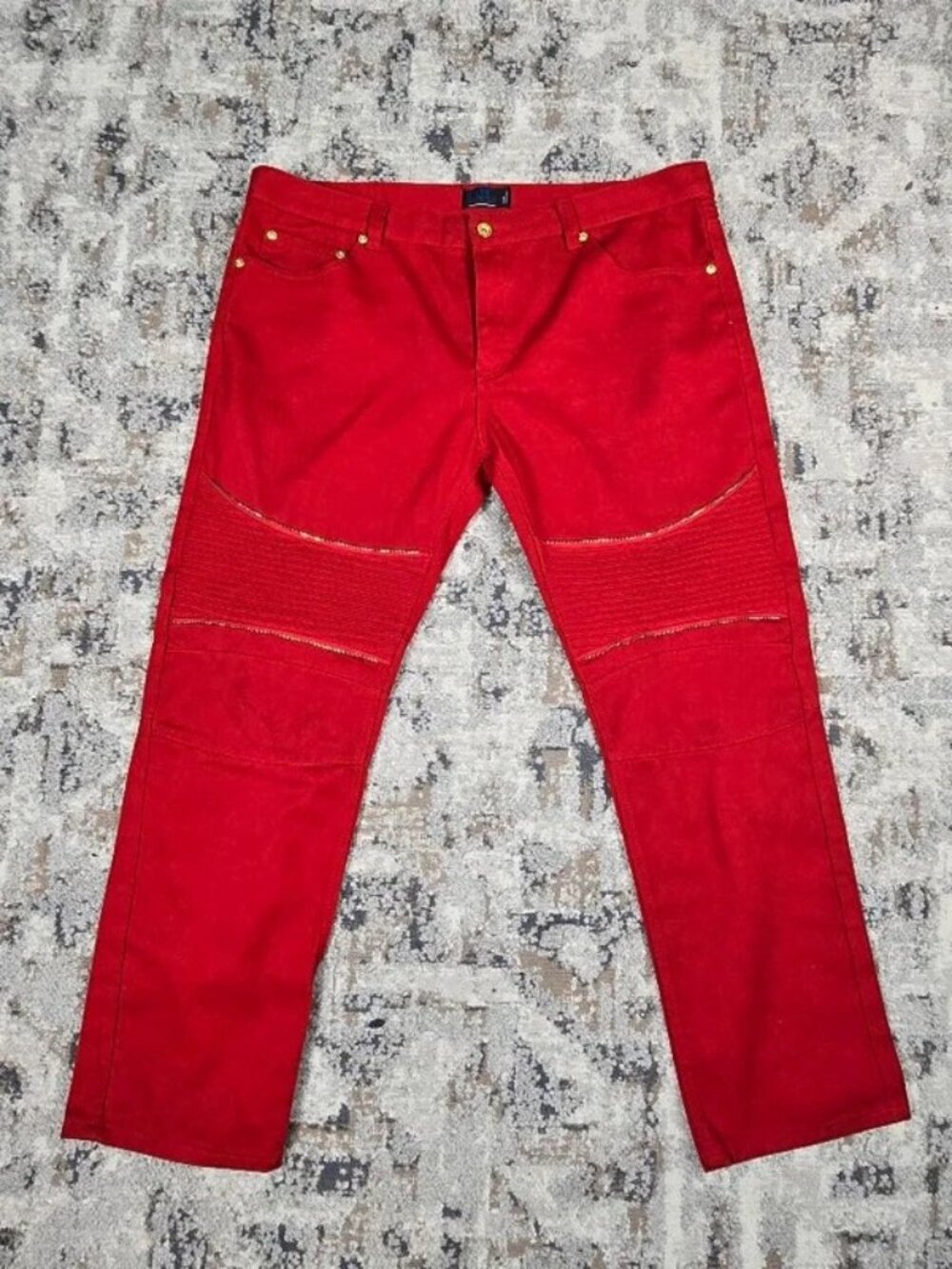 Red Moto Biker Jeans Men 42x32 Ribbed Knee Y2K Streetwear